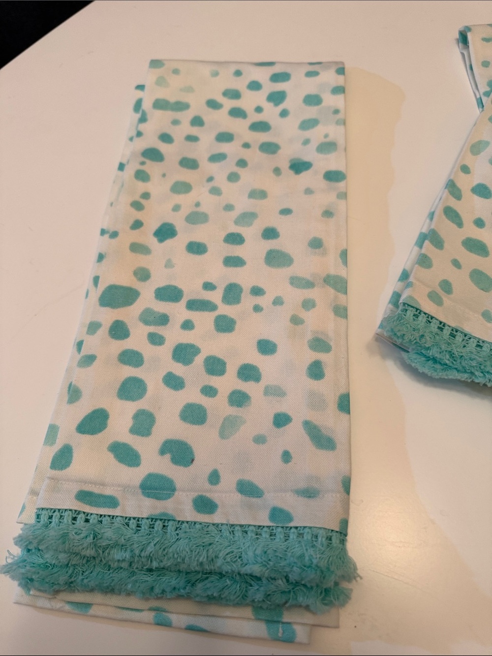 4 green & white fringe cotton tea towels